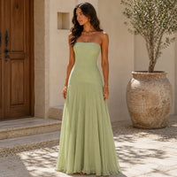 Elegante vestido largo de invitada de boda y de ceremonia con escote palabra de honor y drapeado | Maxi