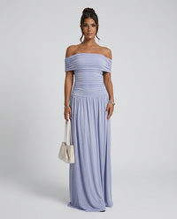 Vestido largo palabra de honor plisado de gala con cintura fruncida
