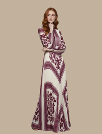 Elegante vestido largo para mujer de invitada de boda con manga larga plisado y estampado | Maxi
