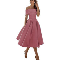 Elegante vestido midi de fiesta y de invitada de boda con hombros descubiertos | Midi