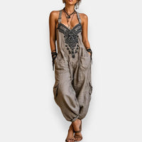 Relajado mono largo boho con bordados y tirantes ajustables