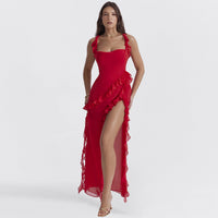 Estiloso vestido largo de gasa de fiesta con volantes y escote cuadrado | Maxi