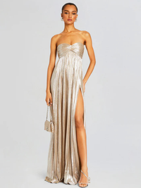 Elegante vestido largo palabra de honor de invitada de boda plisado con abertura alta | Maxi