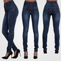 Refinado pantalón vaquero de tiro alto con corte skinny y línea estilizada