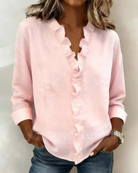Elegante blusa y top de cuello en V con volantes y mangas largas de corte holgado