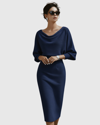 Elegante vestido drapeado para mujer con manga larga murciélago | Midi