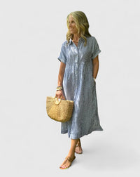 Sin esfuerzo vestido midi camisero casual de rayas con manga corta | Midi