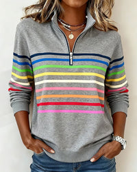 Sudadera de mujer con media cremallera y cuello alto de rayas de colores