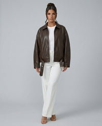 Chaqueta bomber de cuero mujer oversize con paneles patchwork