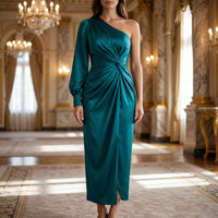 Elegante vestido de fiesta de noche de un solo hombro con abertura | Maxi