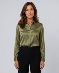 Blusa satinada de manga larga con botones y cuello camisero para mujer