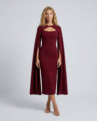 Vestido midi ajustado de cóctel con manga capa y cuello redondo