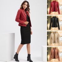 Refinada chaqueta de cuero biker con cuello alto y cremallera para mujer