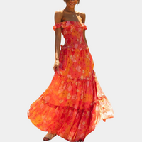 Elegante vestido largo floral de invitada de boda y fiesta en naranja | Maxi