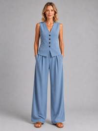 Conjunto de chaleco corto y pantalón ancho con botones para mujer