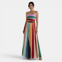 Elegante vestido largo bandeau de fiesta con espalda descubierta y estampado multicolor | Maxi