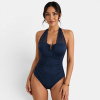 Elegante bañador de una pieza con cuello halter y paneles de malla