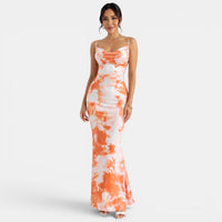 Estiloso vestido largo estampado de fiesta con espalda descubierta y cuello drapeado | Maxi