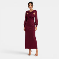 Elegante vestido largo rojo para mujer de fiesta con manga larga y lazo frontal | Maxi