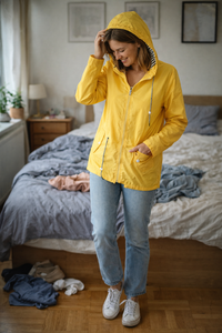 Elegante gabardina impermeable estilo parka con capucha y cintura ajustable