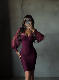 Vestido corto de encaje con manga larga abullonada para mujer