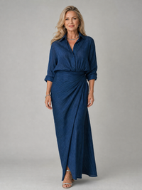 Vestido largo camisero cruzado con manga larga para mujer