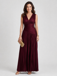 Vestido midi plisado con escote en V y sin mangas para mujer
