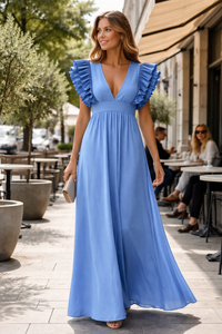 Elegante vestido largo de fiesta y de invitada de boda con volantes y escote en V | Maxi