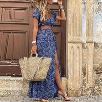 Relajado vestido de fiesta boho estampado con abertura en la pierna | Maxi