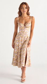 Refinado vestido midi de fiesta de invitada de boda con cuerpo de corsé y falda fluida | Midi