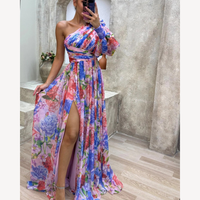 Elegante vestido largo floral de fiesta y de invitada de boda con un hombro y corte asimétrico | Maxi
