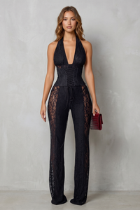 Mono de encaje de pierna ancha con escote halter para mujer