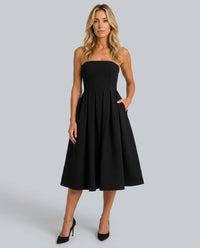 Vestido midi evasé de cóctel con escote palabra de honor