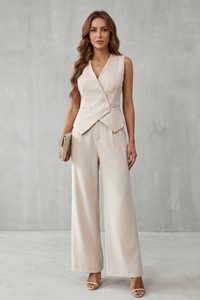Conjunto de chaleco y pantalón ancho con cuello de pico para mujer