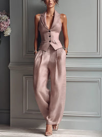 Elegante traje de mujer de dos piezas con chaleco de escote en V y pantalón amplio