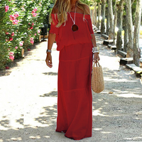 Relajado vestido largo casual de playa con hombros descubiertos y corte holgado | Maxi