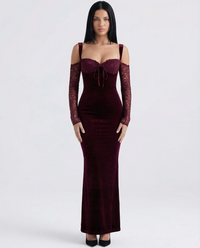 Vestido largo de terciopelo con manga larga de encaje para mujer