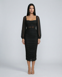 Vestido midi fruncido de fiesta con escote cuadrado y manga larga