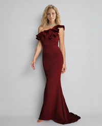 Vestido largo corte sirena de fiesta con un solo hombro y volantes
