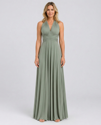 Vestido largo cruzado de invitada de boda con cuello halter