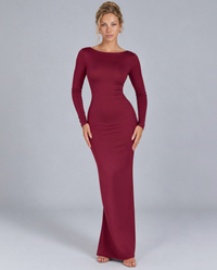 Vestido largo ajustado con manga larga y espalda descubierta