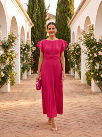 Elegante vestido largo plisado de fiesta de invitada de boda con cintura drapeada | Maxi