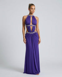 Vestido largo de gala con espalda descubierta y tirantes de strass
