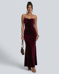 Vestido largo palabra de honor de noche con cintura fruncida