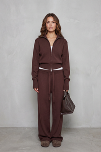 Conjunto de punto mujer con cárdigan de cremallera y pantalones anchos