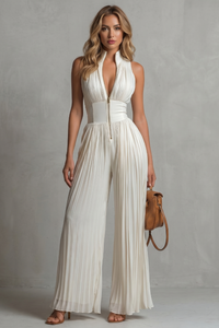 Mono plisado de pierna ancha con cuello halter para mujer