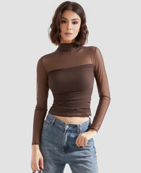 Camiseta de manga larga de malla ajustada con cuello alto para mujer