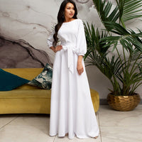 Elegante vestido largo para mujer con manga larga y cinturón de tela | Maxi