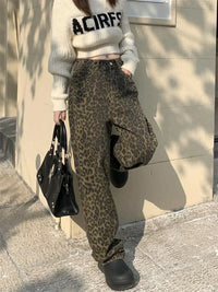 Estilosos vaqueros anchos baggy de tiro alto con estampado de leopardo