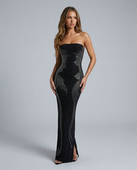 Vestido largo ajustado palabra de honor de noche con brillos